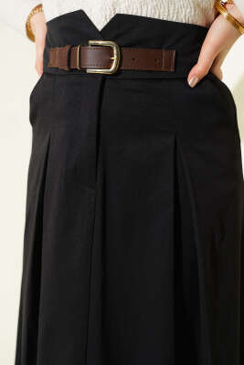 Kemer Tokalı Düğmeli Etek Siyah - Etek