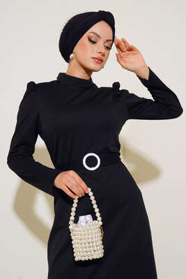 Kemer Tokalı Elbise Siyah - Thumbnail