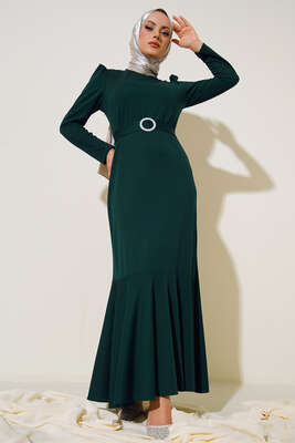Kemer Tokalı Elbise Zümrüt Yeşili - Thumbnail