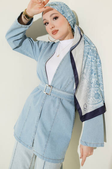 Kemer Tokalı Kuşaklı Kot Kimono Açık Mavi - Dış Giyim&Mont