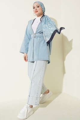 Kemer Tokalı Kuşaklı Kot Kimono Açık Mavi - Dış Giyim&Mont