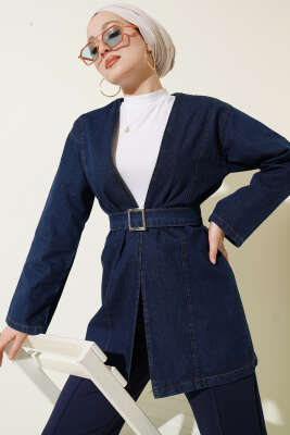 Kemer Tokalı Kuşaklı Kot Kimono Lacivert - TEGOE