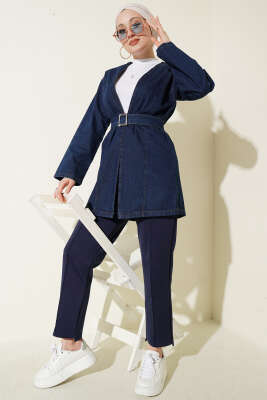 Kemer Tokalı Kuşaklı Kot Kimono Lacivert - Dış Giyim&Mont