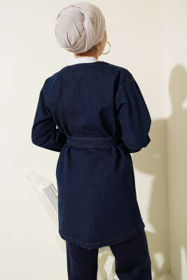 Kemer Tokalı Kuşaklı Kot Kimono Lacivert - Dış Giyim&Mont