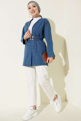 Kemer Tokalı Kuşaklı Kot Kimono Mavi - Dış Giyim&Mont