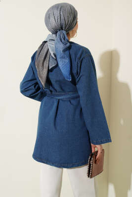 Kemer Tokalı Kuşaklı Kot Kimono Mavi - Dış Giyim&Mont