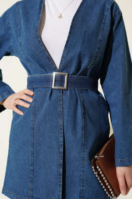 Kemer Tokalı Kuşaklı Kot Kimono Mavi - Dış Giyim&Mont