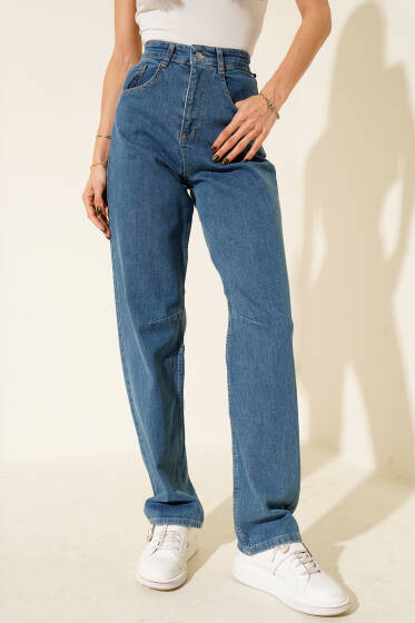 Kemer Tokalı Mom Kot Pantolon Mavi - Kadın Giyim Modelleri