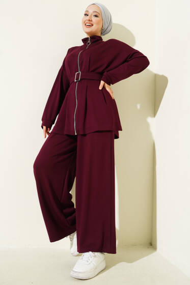 Kemer Tokalı Pensli İkili Takım Bordo - İkili Takım