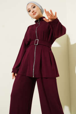 Kemer Tokalı Pensli İkili Takım Bordo - İkili Takım