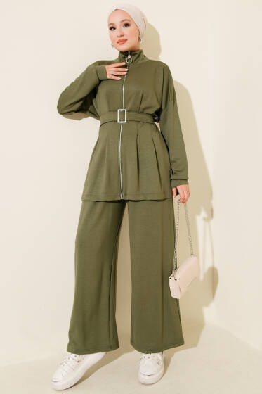 Kemer Tokalı Pensli İkili Takım Haki - İkili Takım