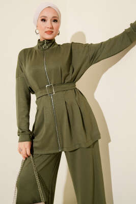 Kemer Tokalı Pensli İkili Takım Haki - İkili Takım