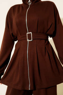 Kemer Tokalı Pensli İkili Takım Kahve - İkili Takım