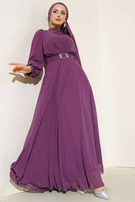 Kemer Tokalı Şifon Elbise Magenta - Thumbnail