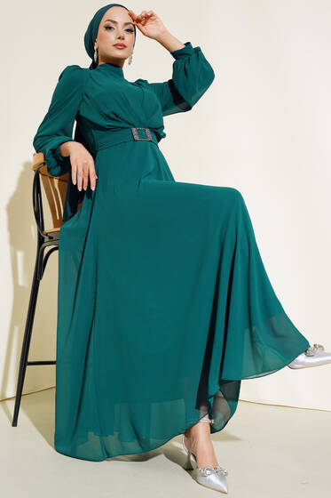 Kemer Tokalı Şifon Elbise Petrol Yeşili - Tesettür Elbise