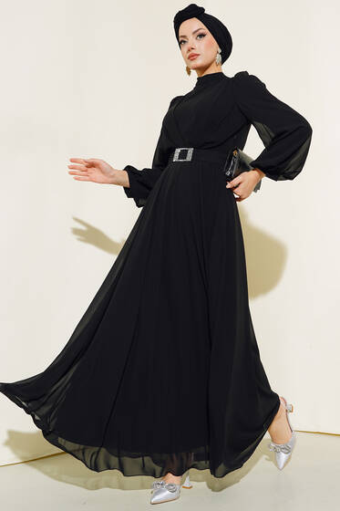 Kemer Tokalı Şifon Elbise Siyah - Tesettür Elbise