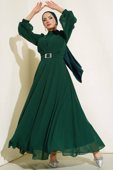 Kemer Tokalı Şifon Elbise Zümrüt - Tesettür Elbise
