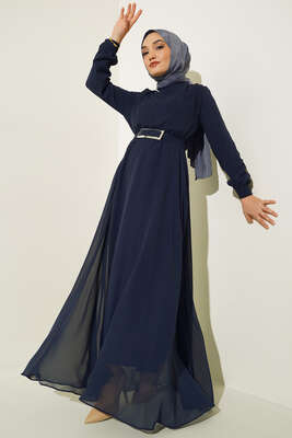 Kemeri Aynalı Şifon Elbise Lacivert - Thumbnail