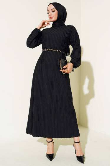 Kemeri Zincir Detaylı Elbise Siyah - Elbise