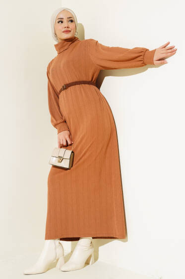 Kemerli Balıkçı Yaka Elbise Latte - Elbise