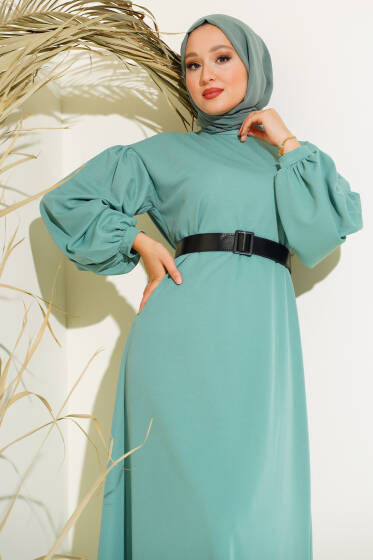 Kemerli Balon Kol Elbise Mint - Yılın Fırsatı 