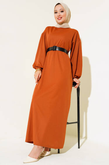 Kemerli Balon Kol Elbise Taba - Yılın Fırsatı 