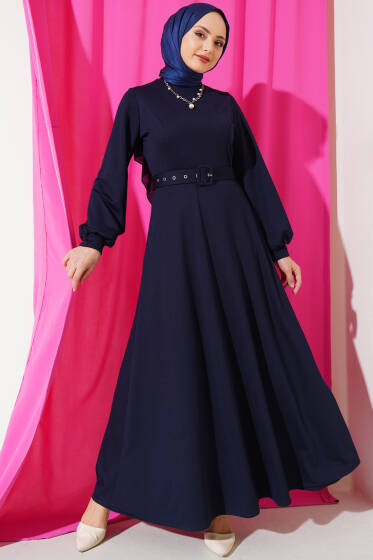 Kemerli Basic Elbise Lacivert - Elbise