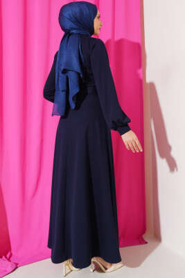 Kemerli Basic Elbise Lacivert - Tesettür Elbise