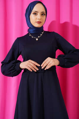 Kemerli Basic Elbise Lacivert - Tesettür Elbise