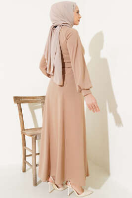 Kemerli Basic Elbise Latte - Tesettür Elbise