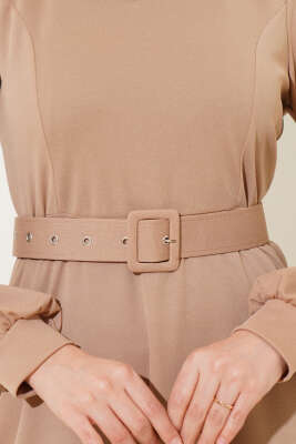 Kemerli Basic Elbise Latte - Tesettür Elbise