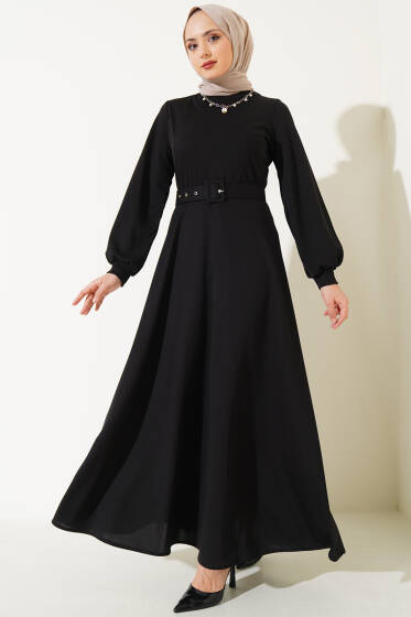 Kemerli Basic Elbise Siyah - Elbise