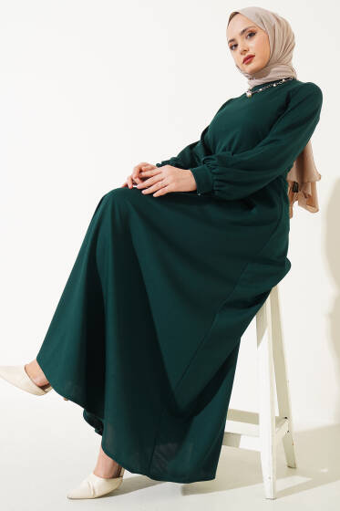 Kemerli Basic Elbise Zümrüt Yeşili - Elbise