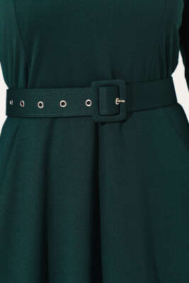 Kemerli Basic Elbise Zümrüt Yeşili - Tesettür Elbise