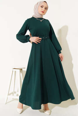 Kemerli Basic Elbise Zümrüt Yeşili - Tesettür Elbise