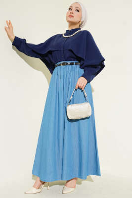 Kemerli Bel Lastikli Kloş Etek Açık Mavi - Etek