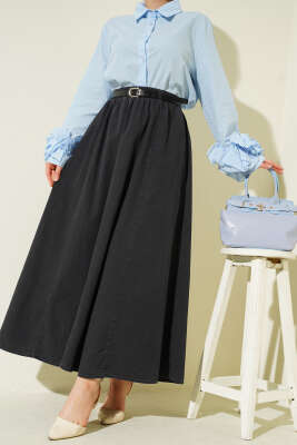 Kemerli Bel Lastikli Kloş Etek Antrasit - BERAT TEKSTİL