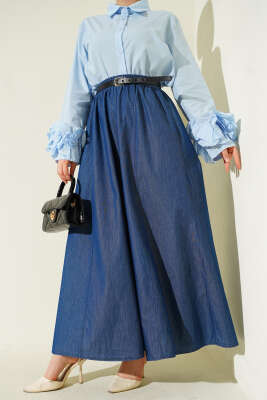 Kemerli Bel Lastikli Kloş Etek Lacivert - BERAT TEKSTİL