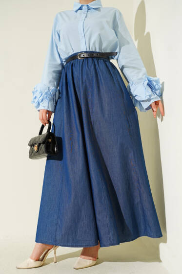 Kemerli Bel Lastikli Kloş Etek Lacivert - Etek