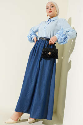 Kemerli Bel Lastikli Kloş Etek Lacivert - Etek