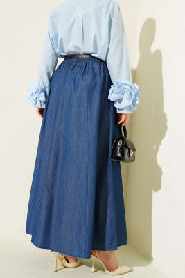Kemerli Bel Lastikli Kloş Etek Lacivert - Etek
