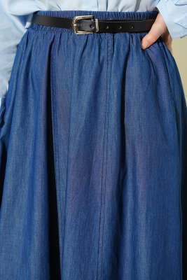 Kemerli Bel Lastikli Kloş Etek Lacivert - Etek