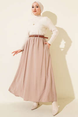 Kemerli Bel Lastikli Tensel Etek Bej - Etek