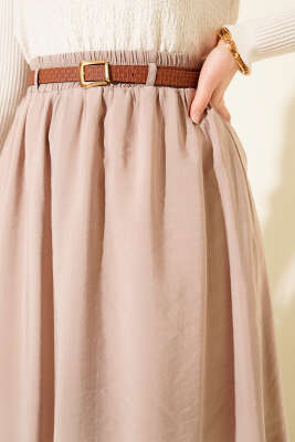 Kemerli Bel Lastikli Tensel Etek Bej - Etek