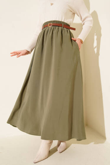 Kemerli Bel Lastikli Tensel Etek Haki - Etek