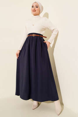Kemerli Bel Lastikli Tensel Etek Lacivert - Etek