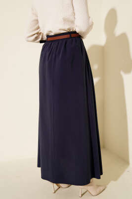 Kemerli Bel Lastikli Tensel Etek Lacivert - Etek