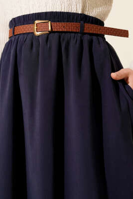 Kemerli Bel Lastikli Tensel Etek Lacivert - Etek