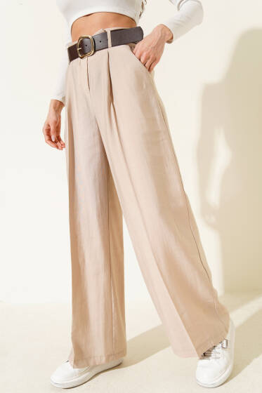 Kemerli Bel Pileli Geniş Paça Pantolon Taş - Kadın Giyim Modelleri