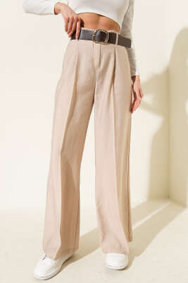 Kemerli Bel Pileli Geniş Paça Pantolon Taş - Kadın Giyim Modelleri